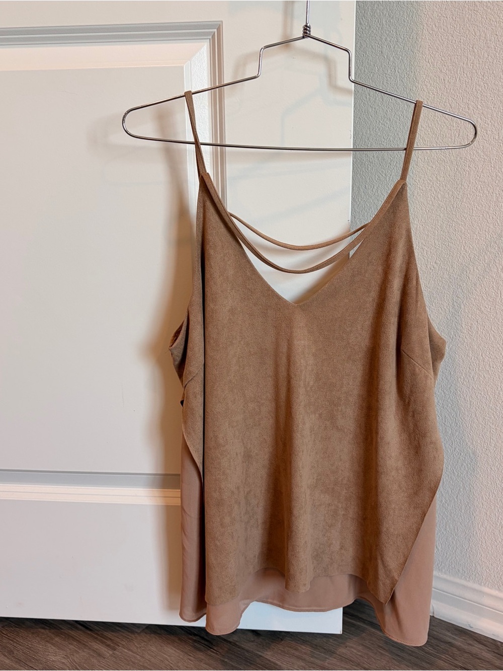 Sans Souci tan faux leather chiffon panel top